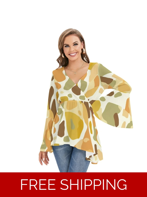 Motiff V-Neck Blouse with Flared Sleeves